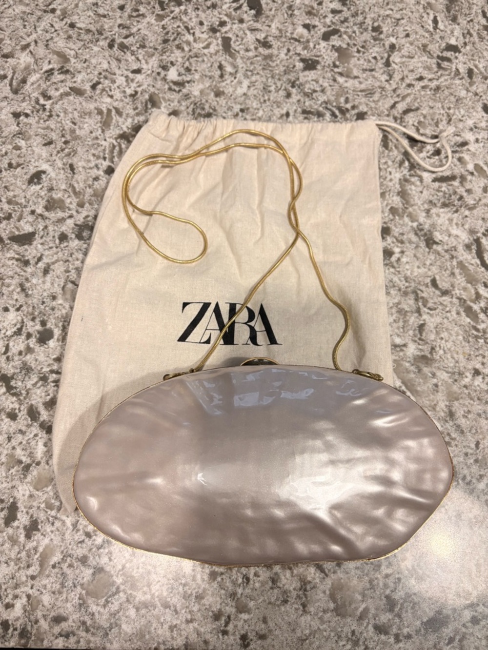 Zara Pearl-Effect Shell Clutch with Optional Gold Strap